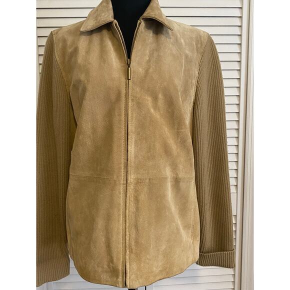 Vintage Suede jacket with Ribbed sweater sleeves size Large Retro‎ 80s - Picture 1 of 8
